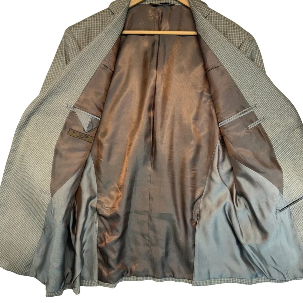 PRONTOMODA‎ Blazer Jacket Tan Plaid 100% Lambs Wool Classic Sophisticated 44R